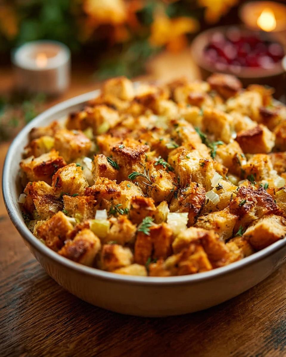 A close-up of a bowl filled with golden brown homemade stuffing, garnished with fresh herbs.