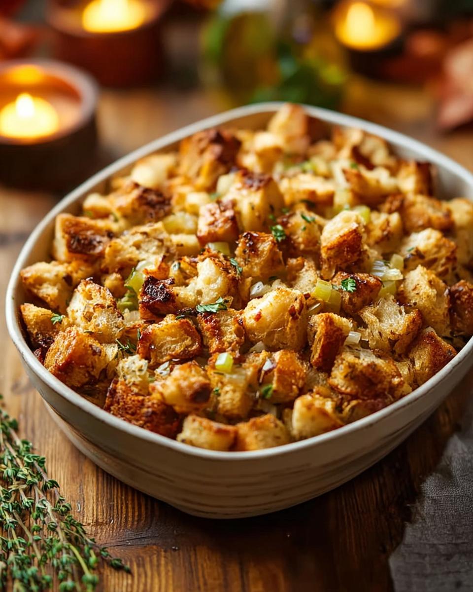 A close-up of a rustic bowl filled with golden-brown homemade stuffing, perfect for holiday meals.