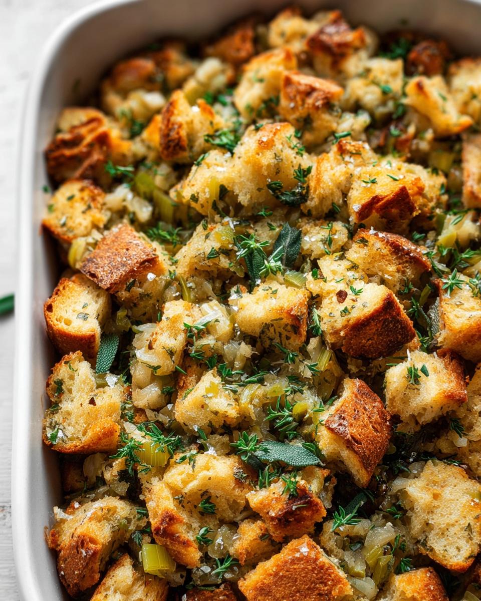 Close-up of a baking dish filled with homemade stuffing, featuring toasted bread cubes, celery, onions, and fresh herbs.