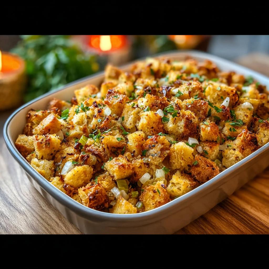 A close-up of a baking dish filled with golden brown homemade stuffing, garnished with fresh parsley.
