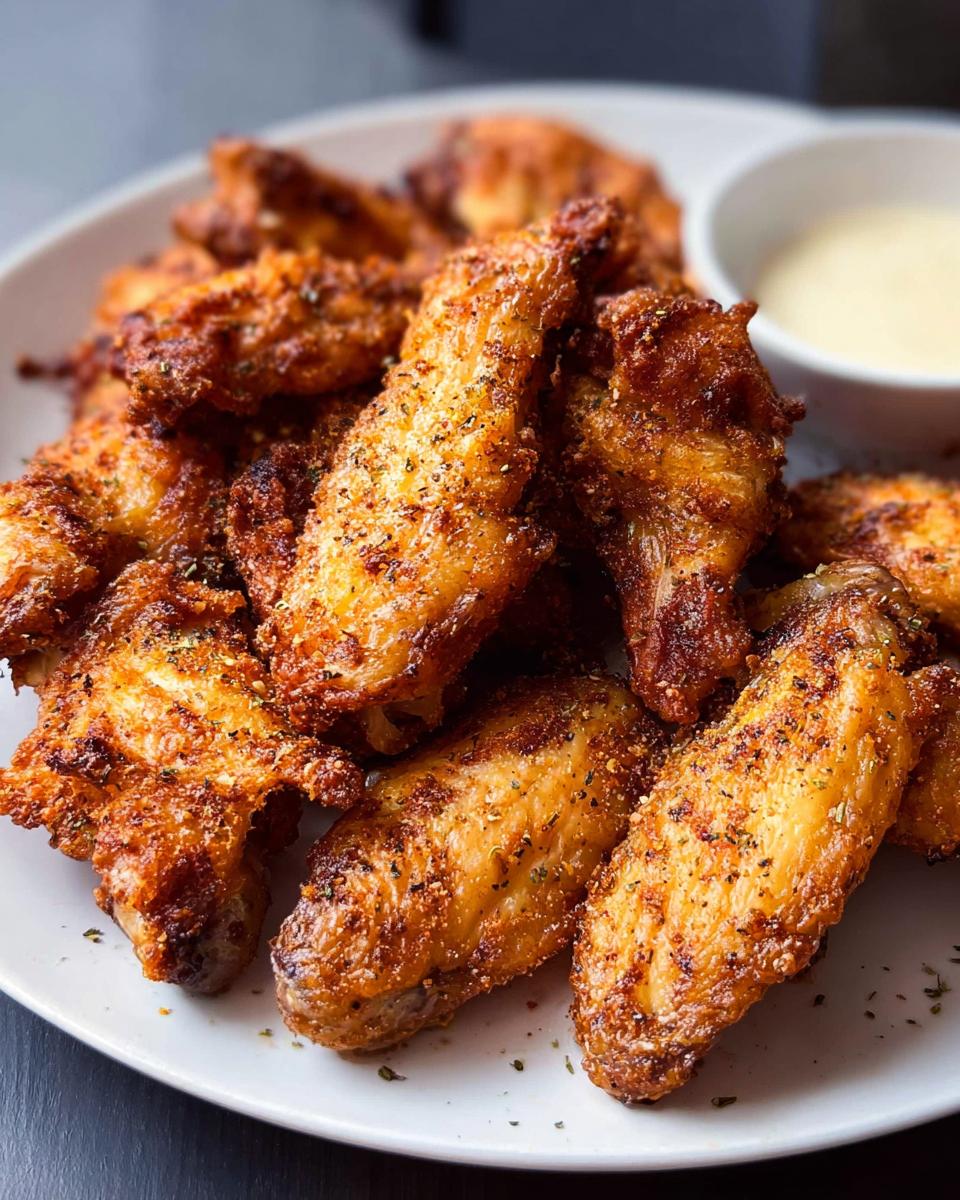 A plate full of perfectly baked, crispy chicken wings seasoned with herbs and spices, ready to be enjoyed with a dipping sauce.