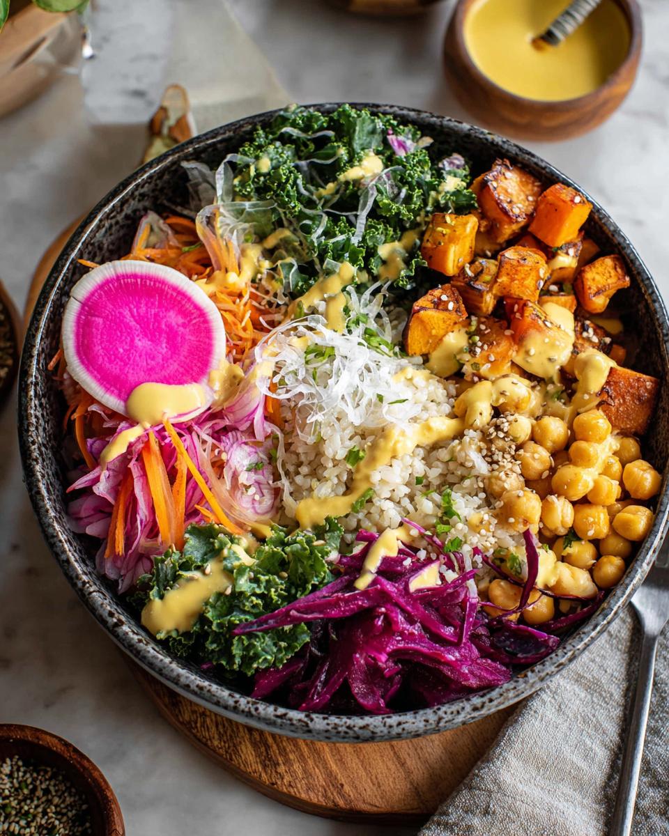 A colorful and healthy rice bowl recipe with roasted sweet potatoes, kale, chickpeas, and a bright pink radish slice.