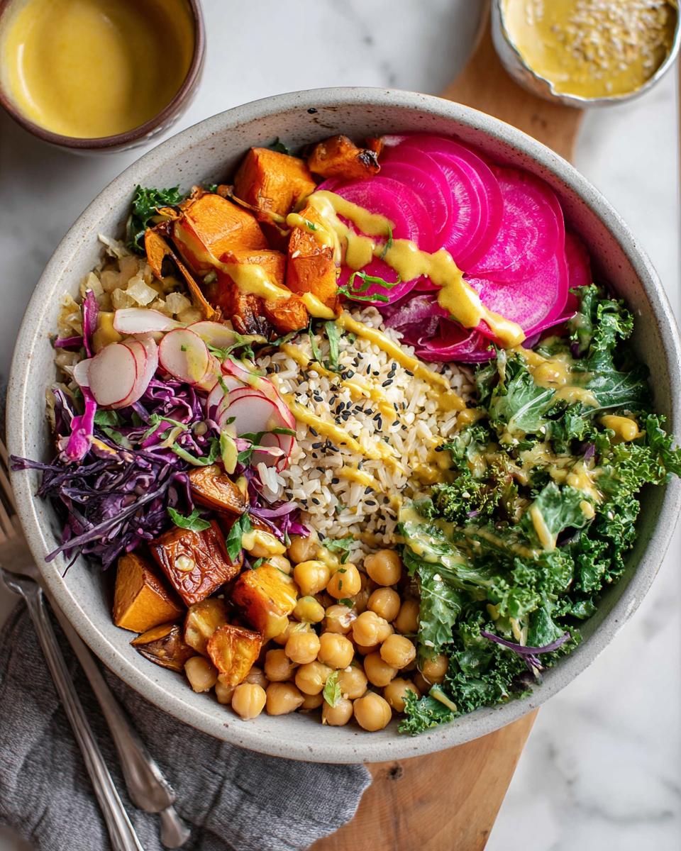 A vibrant and healthy rice bowl recipe with roasted sweet potatoes, chickpeas, kale, and pickled radishes.