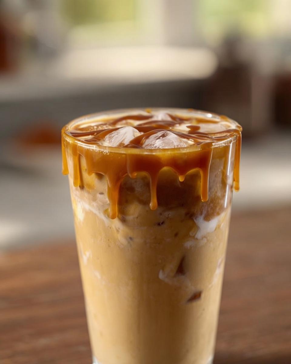 Close-up of an iced caramel macchiato with caramel drizzle on top, a popular Starbucks drink recipe.