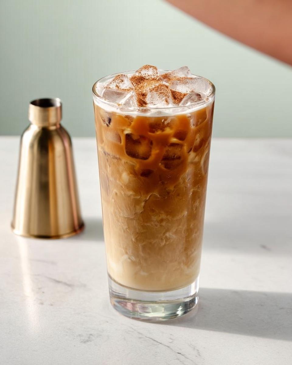 Close-up of a tall glass filled with iced coffee, milk, and topped with cinnamon, part of Starbucks Drinks Recipes.
