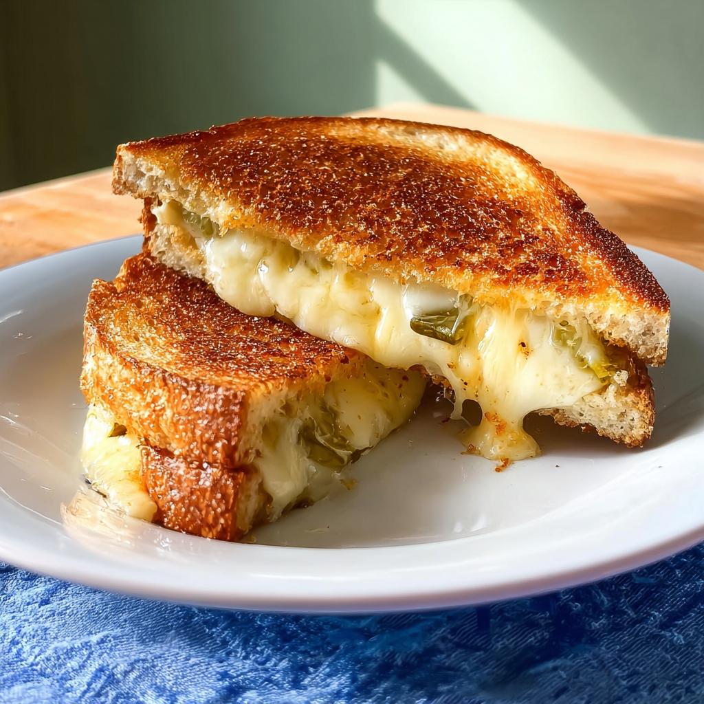 A perfectly grilled cheese sandwich with melted cheese and jalapenos, cut in half to show the gooey interior.
