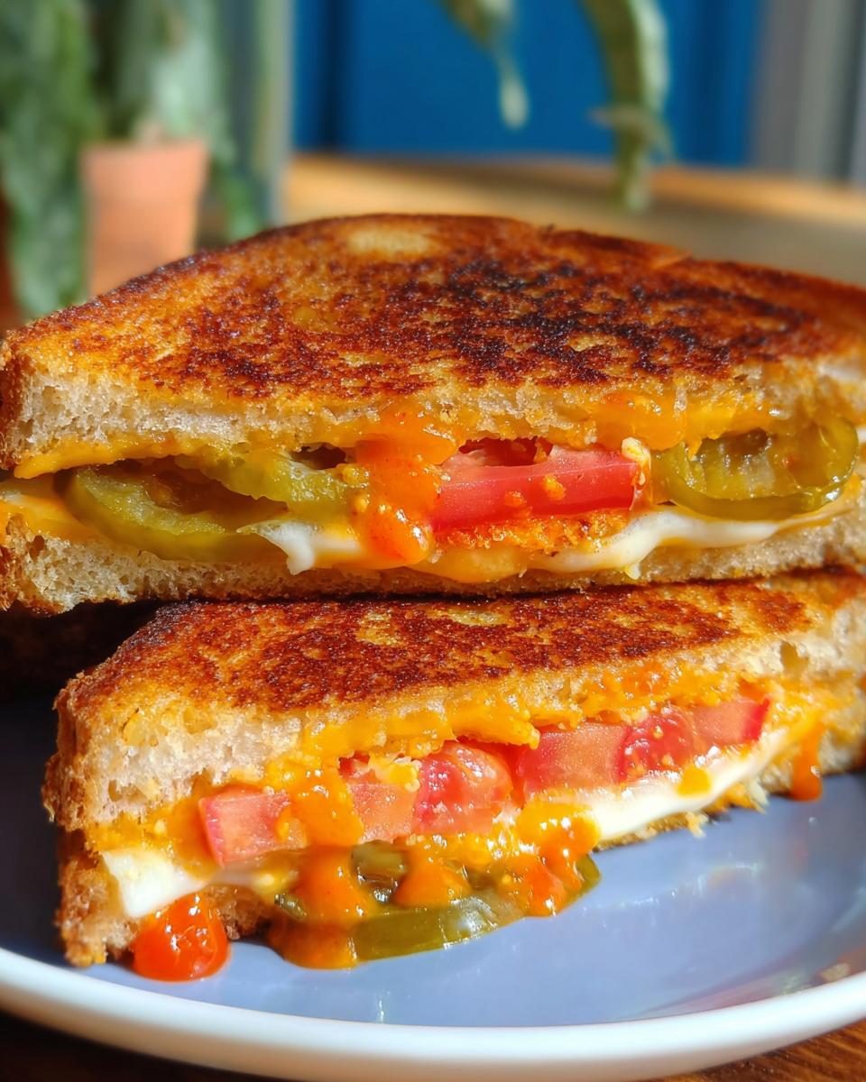 Close-up of a spicy jalapeno tomato grilled cheese sandwich, with melted cheese and visible jalapeno slices and diced tomatoes.