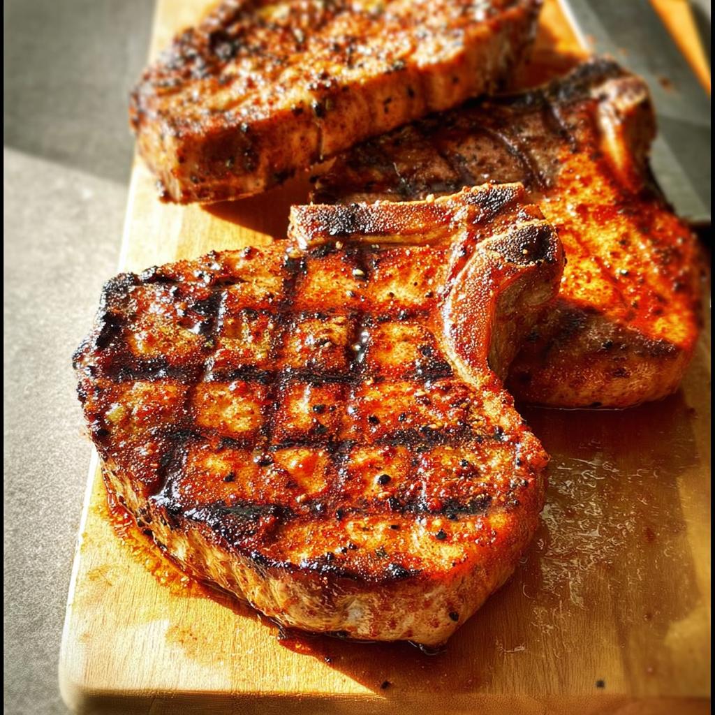 Three perfectly grilled pork chops with grill marks, seasoned and juicy, on a wooden cutting board.