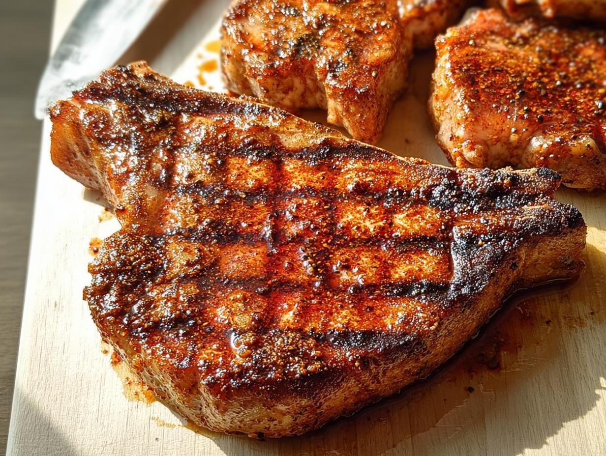 Close-up of perfectly grilled pork chops, showcasing grill marks and a flavorful crust. This recipe delivers juicy pork chops.