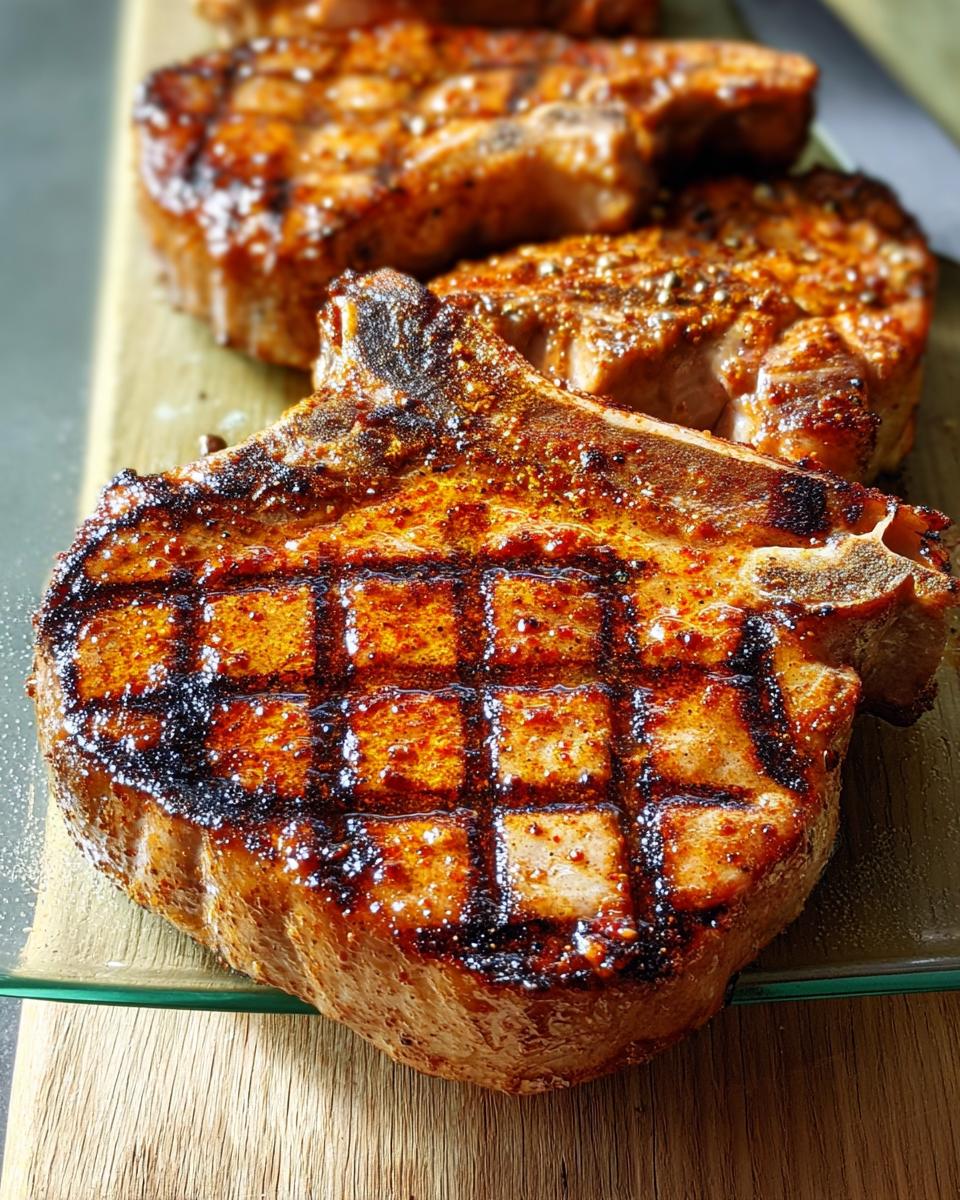 Close-up of perfectly grilled pork chops with grill marks, seasoned and juicy.