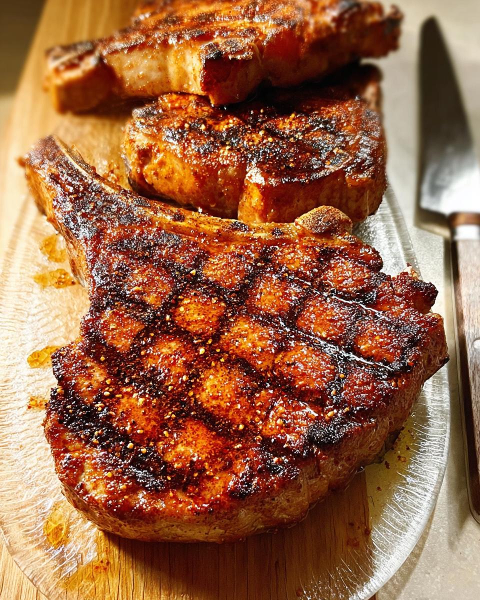Close-up of perfectly grilled pork chops, showcasing a beautiful sear and seasoning. These are great pork chops recipes.