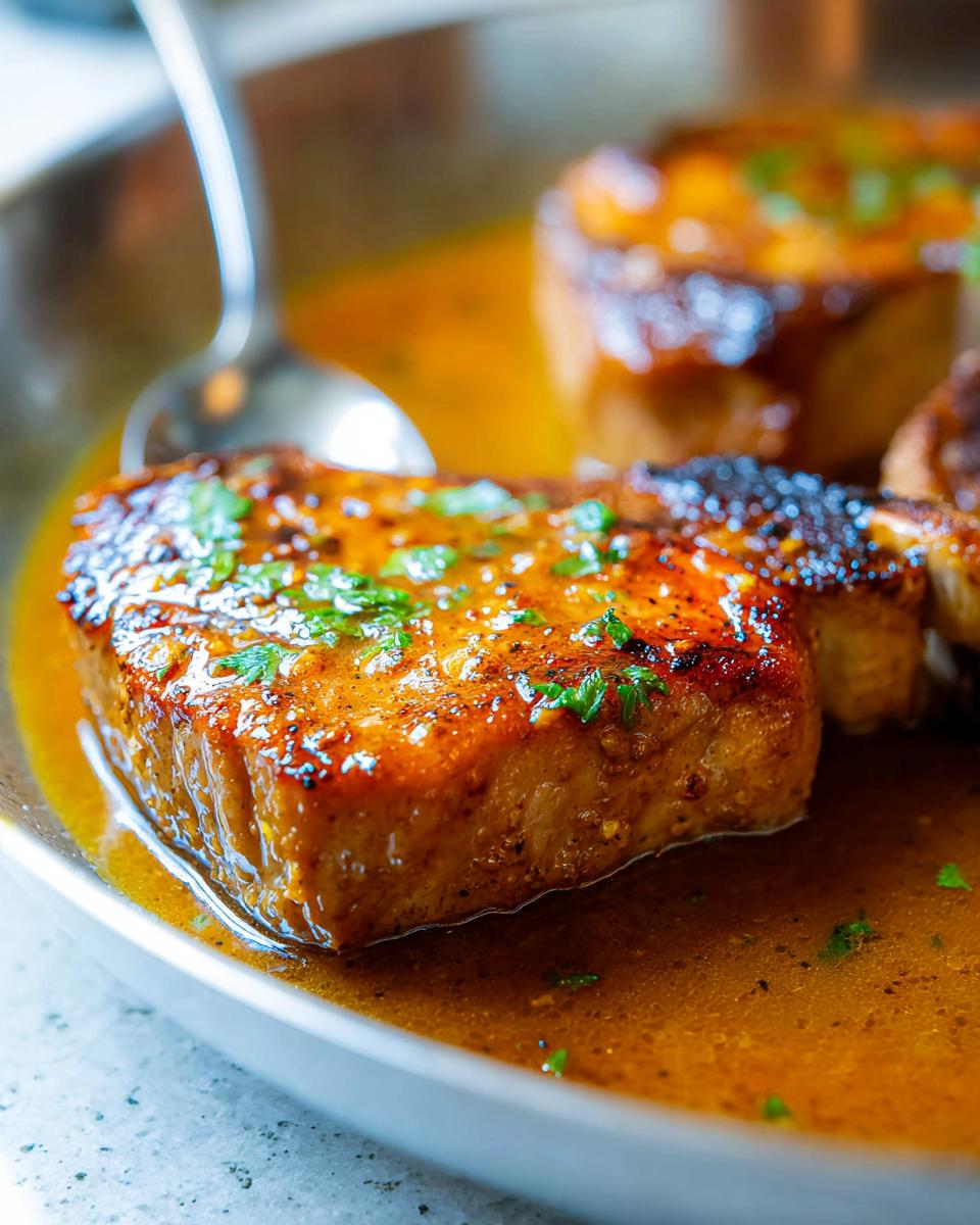 Close-up of juicy pork chops in a rich pan sauce, garnished with fresh parsley.