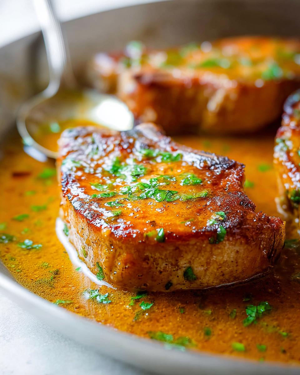 Close-up of juicy pork chops in a rich pan sauce, garnished with fresh parsley. A beginner's guide to pork chops.