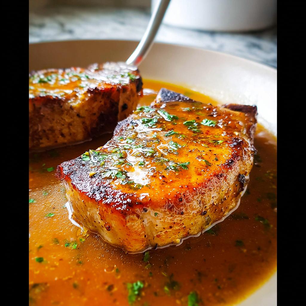 Two perfectly cooked, juicy pork chops in a rich sauce, garnished with fresh herbs. A beginner's guide to pork chops.