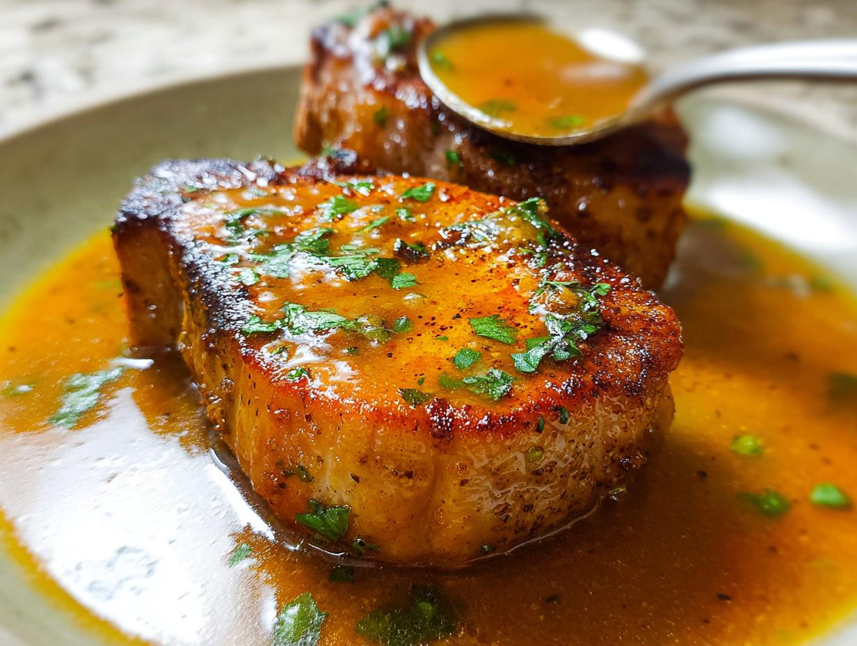 Close-up of juicy pork chops in a rich sauce, garnished with fresh parsley. Perfect for The Ultimate Pork Chops Recipes Guide for Beginners.