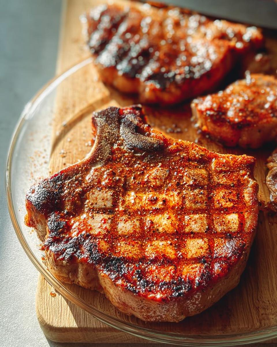Close-up of perfectly seared pork chops, seasoned and grilled to juicy perfection.