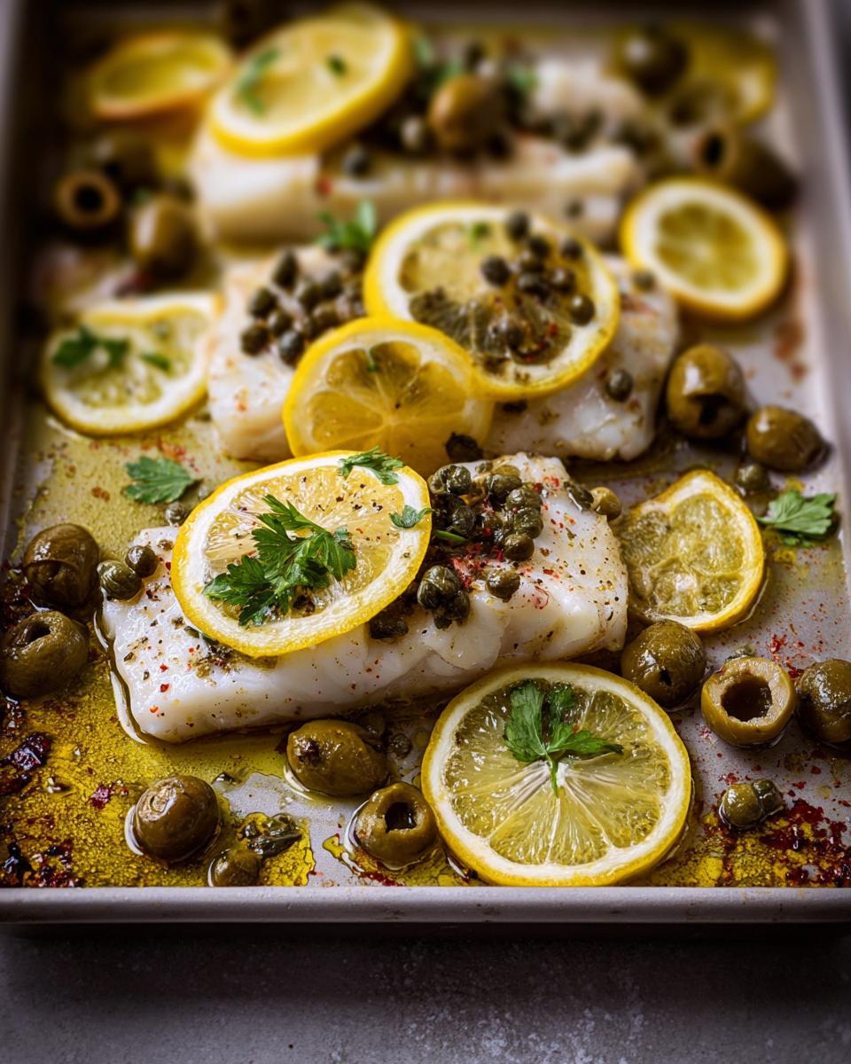 Close-up of baked cod fillets topped with lemon slices, capers, and parsley, surrounded by olives.