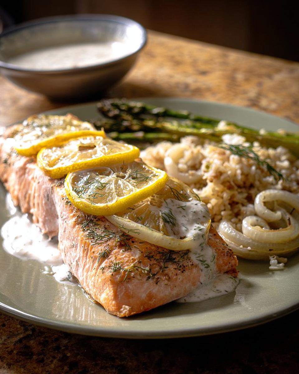 A perfectly cooked salmon fillet topped with lemon slices and dill sauce, served with rice and asparagus. One of 20 Genius Salmon Recipes Ideas for Busy Weeknights.