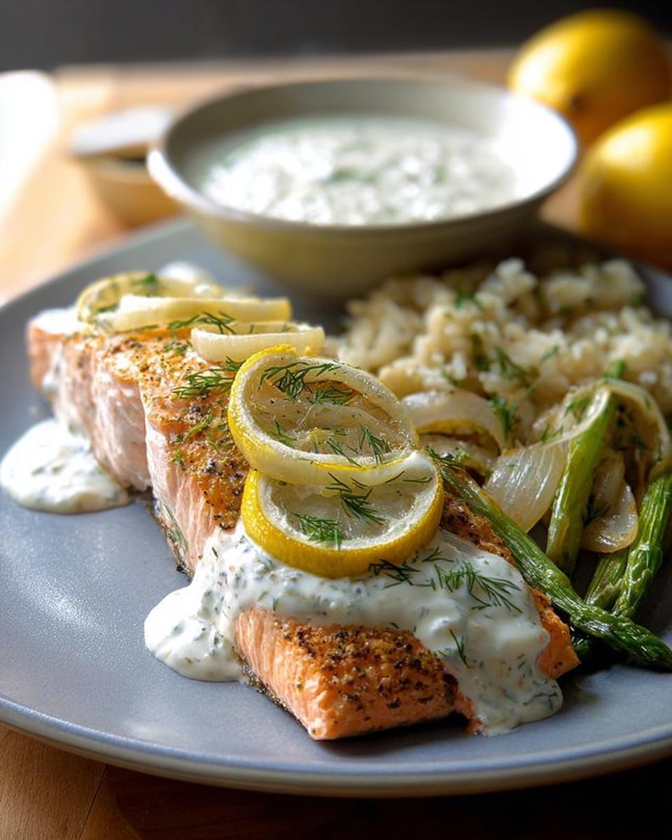 A perfectly cooked salmon fillet topped with lemon slices and dill, served with rice and asparagus. One of 20 Genius Salmon Recipes.