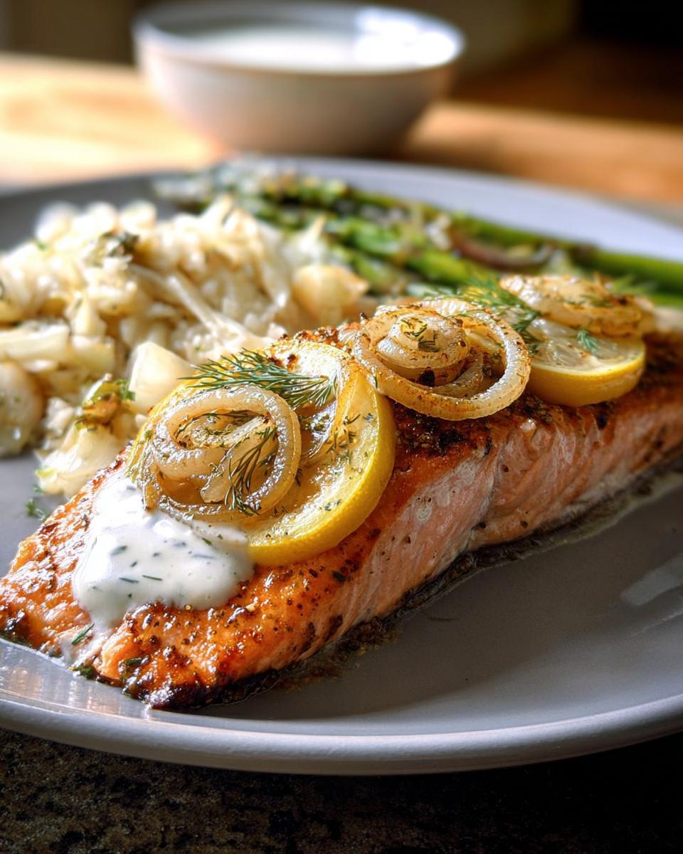 A perfectly cooked salmon fillet topped with lemon slices, onions, and dill, served with asparagus and a creamy sauce. A great salmon recipe idea.