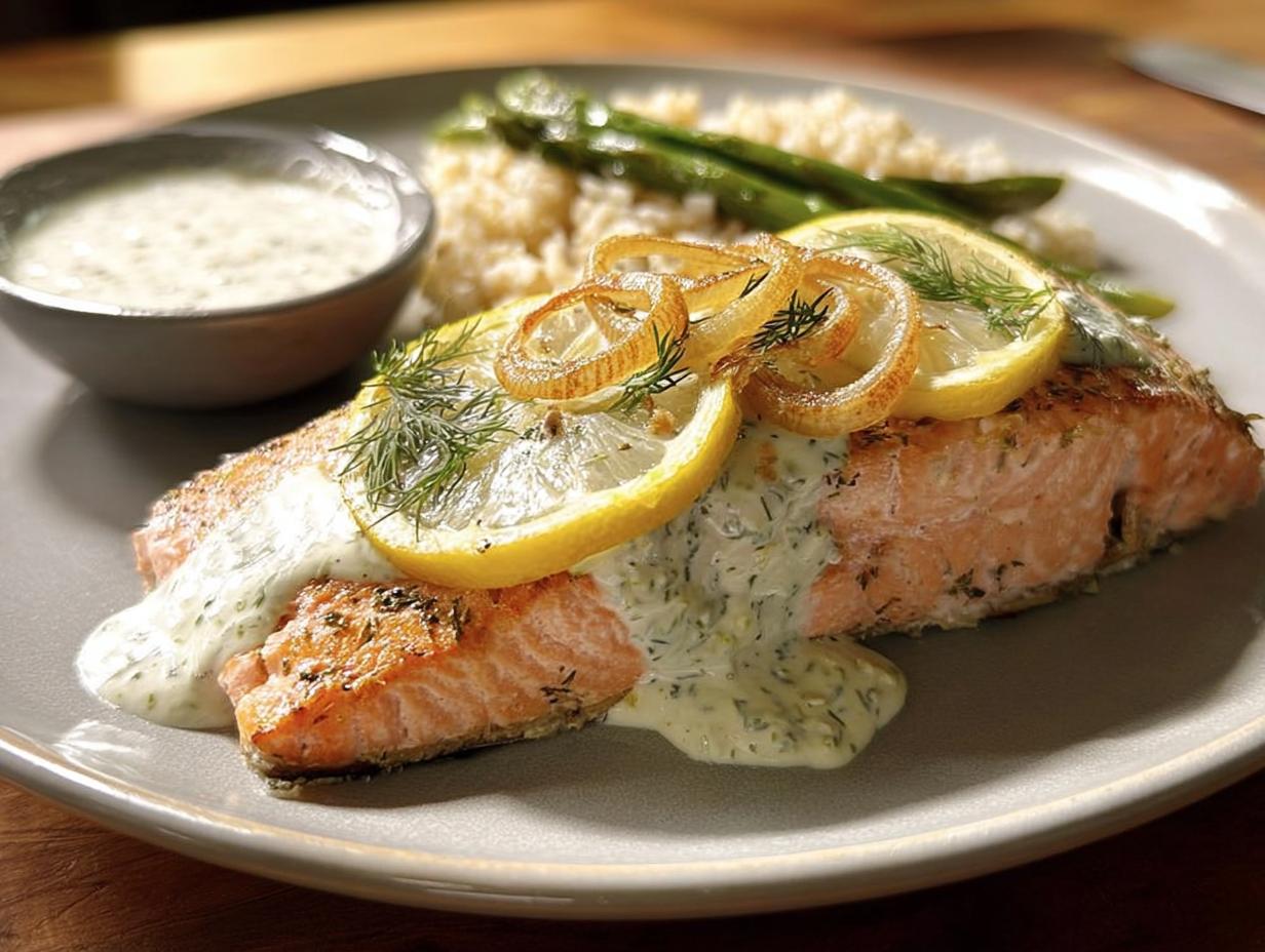 A beautifully plated salmon fillet with lemon slices, dill, and creamy sauce, served with rice and asparagus. One of 20 Genius Salmon Recipes.