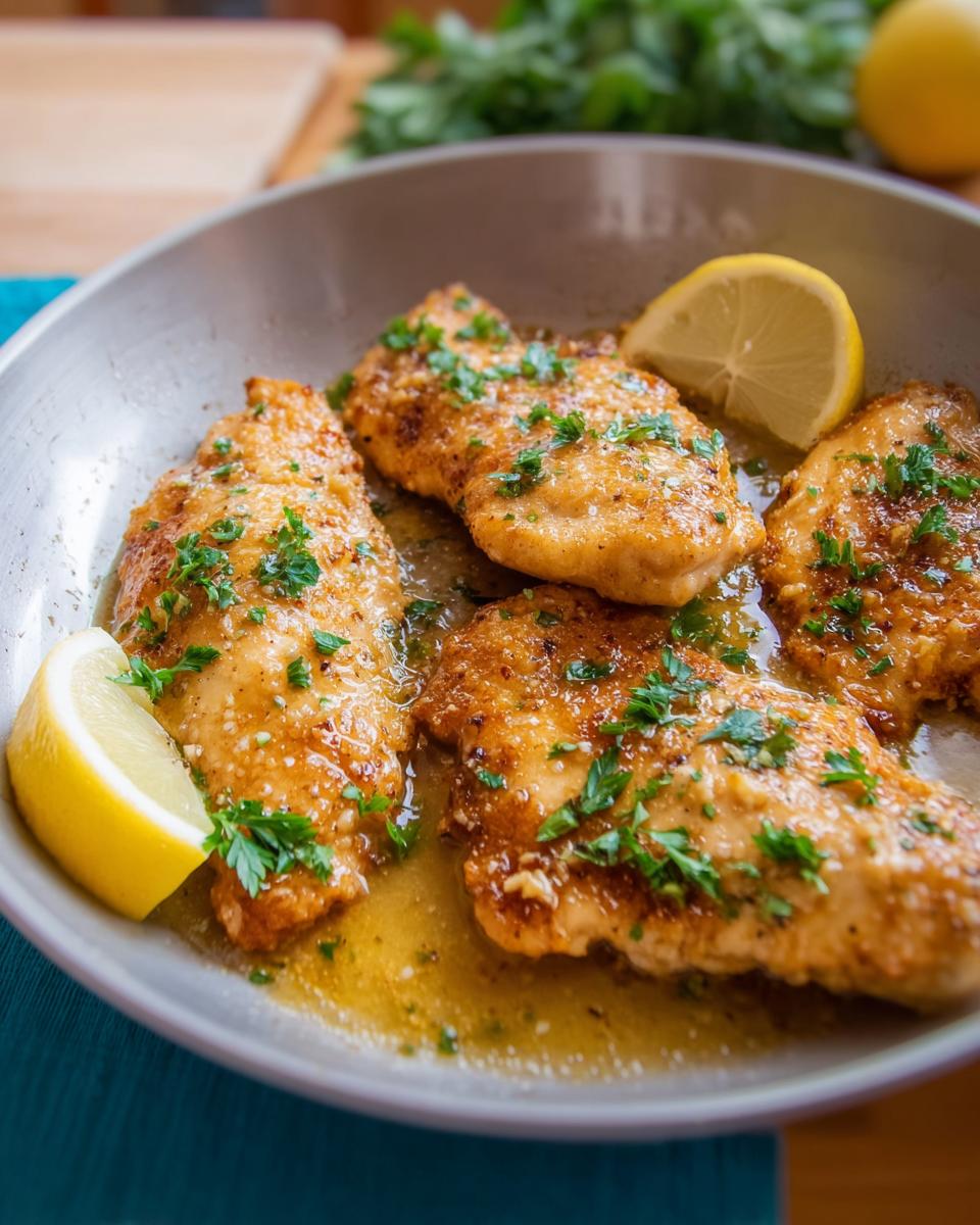 Four pan-fried chicken breasts in a lemon garlic sauce, garnished with parsley and lemon wedges. A quick and healthy meal.