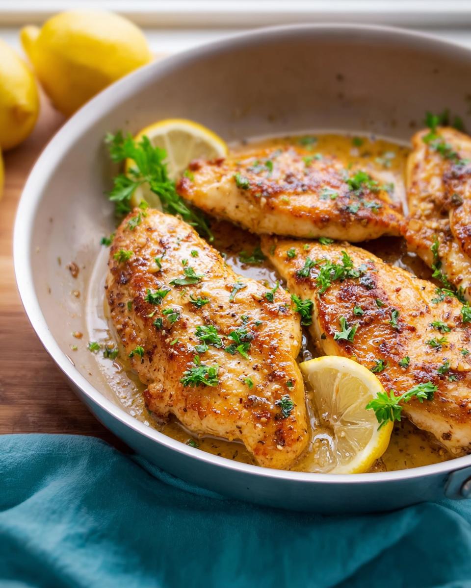 Pan-seared lemon herb chicken breasts garnished with parsley and lemon slices, a healthy meal idea.