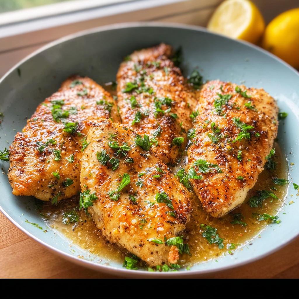 Four pan-seared chicken breasts with a lemon herb sauce and parsley, a quick and healthy meal.