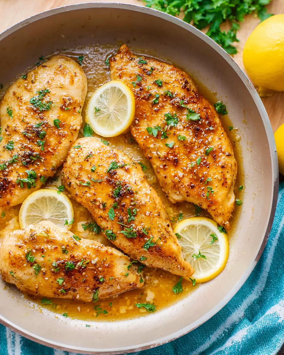 Four pan-seared chicken breasts in a lemon herb sauce, garnished with lemon slices and parsley. A quick and healthy meal.