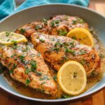 Three pan-seared chicken breasts with lemon slices and fresh parsley, part of 7 Genius Healthy Meals Recipes Ideas for Busy Weeknights.