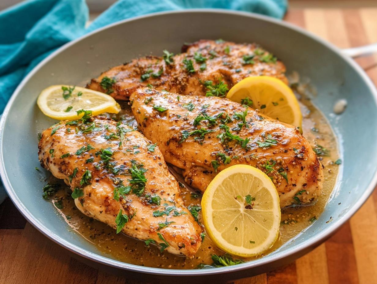 Three pan-seared chicken breasts with lemon slices and fresh parsley, part of 7 Genius Healthy Meals Recipes Ideas for Busy Weeknights.