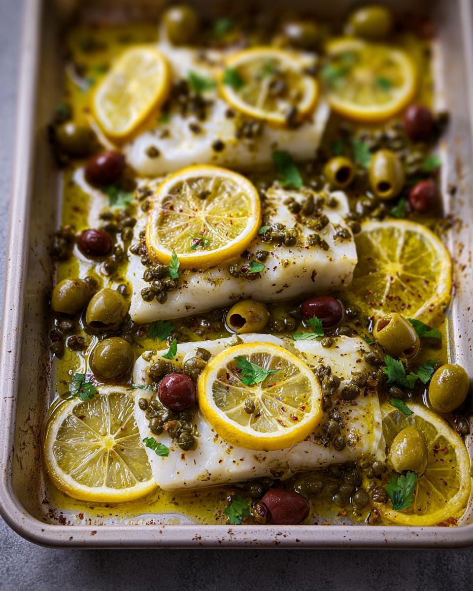 Three pieces of baked cod topped with lemon slices, capers, olives, and parsley, part of 7 Genius Veggie Sides Recipes Ideas.