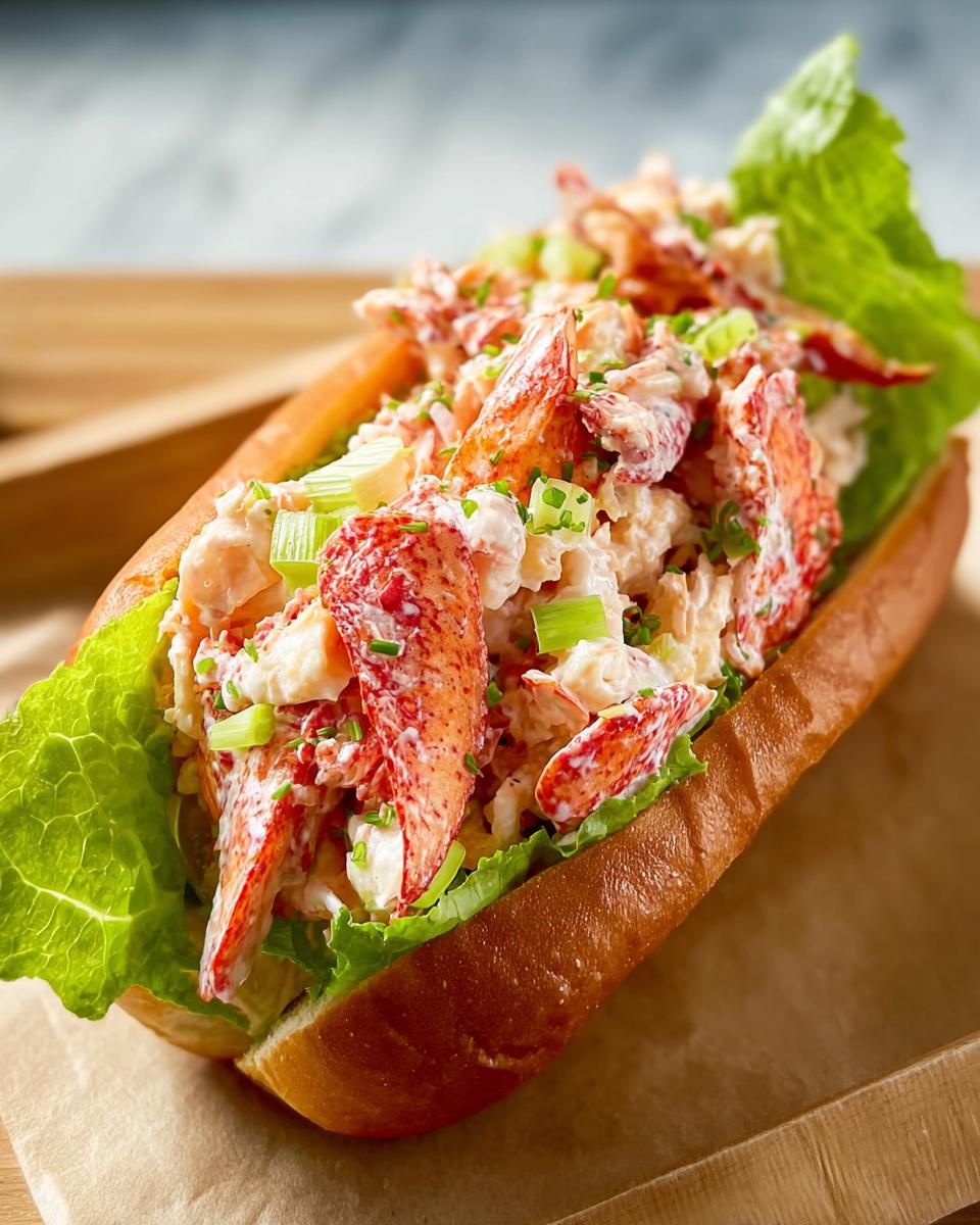 A close-up of a delicious lobster roll sandwich, filled with fresh lobster meat, celery, and chives on a toasted bun.