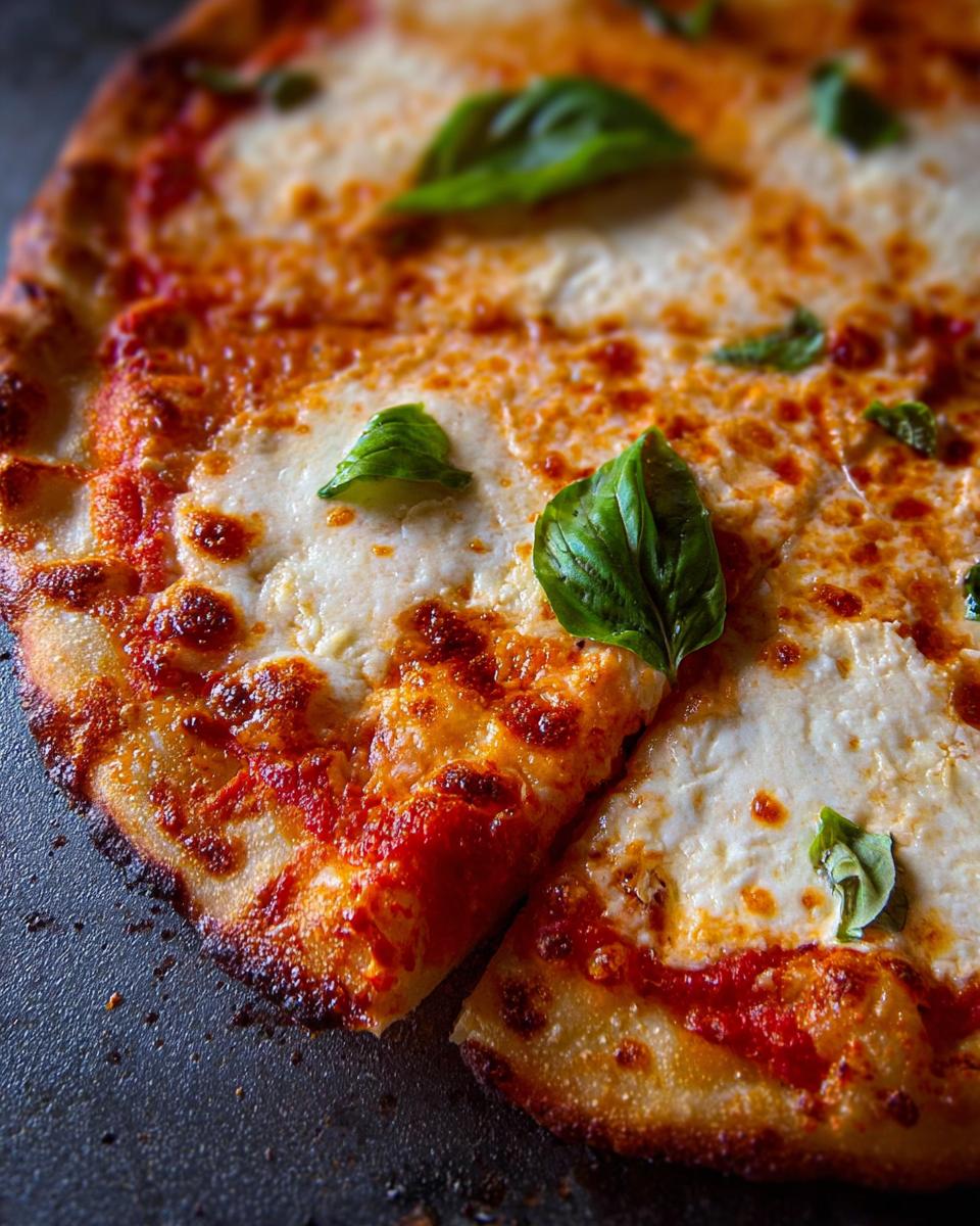 Close-up of a freshly baked Margherita pizza with melted mozzarella, tomato sauce, and fresh basil leaves, perfect for pizza night.