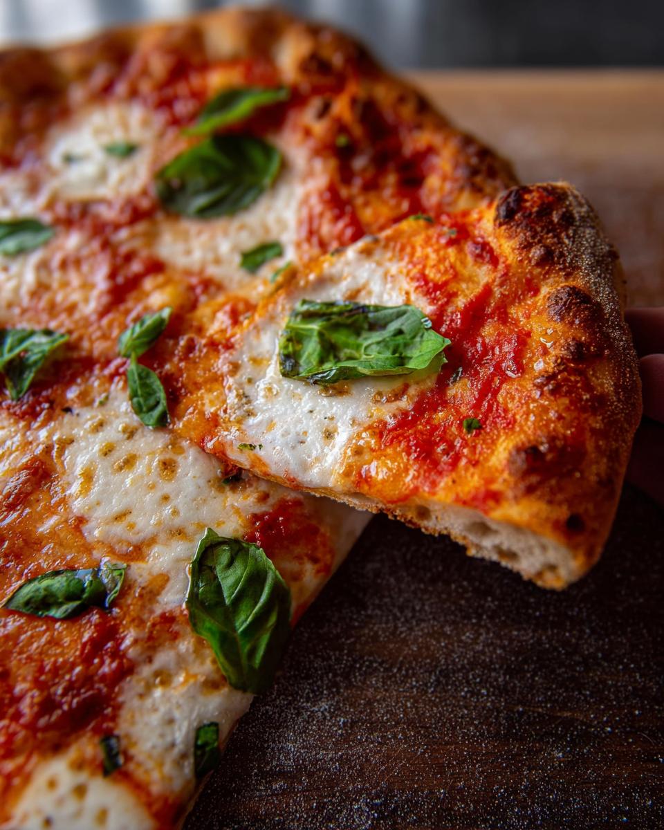 A slice of Margherita pizza with fresh basil and melted mozzarella, perfect for pizza night.