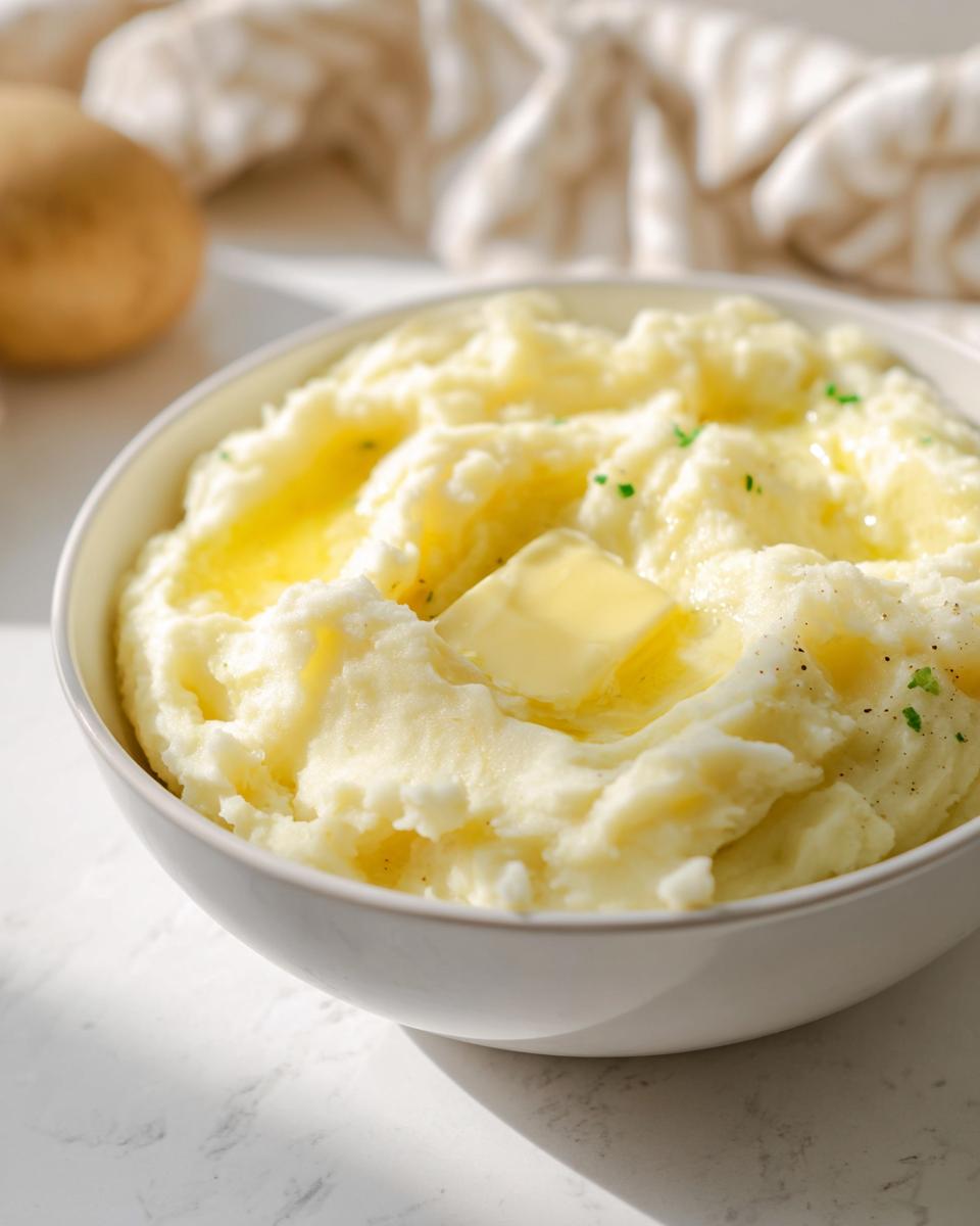 A bowl of creamy mashed potatoes topped with melting butter and a sprinkle of chives, part of Mashed Potatoes Recipes in 20 Minutes.