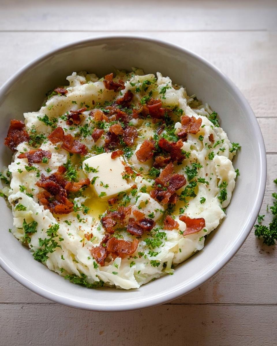 A bowl of creamy mashed potatoes topped with melted butter, crispy bacon bits, and fresh parsley.