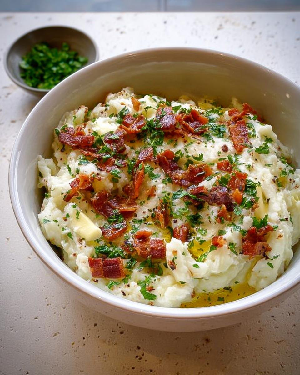 Close-up of creamy mashed potatoes topped with crispy bacon bits, fresh parsley, and a pat of butter.