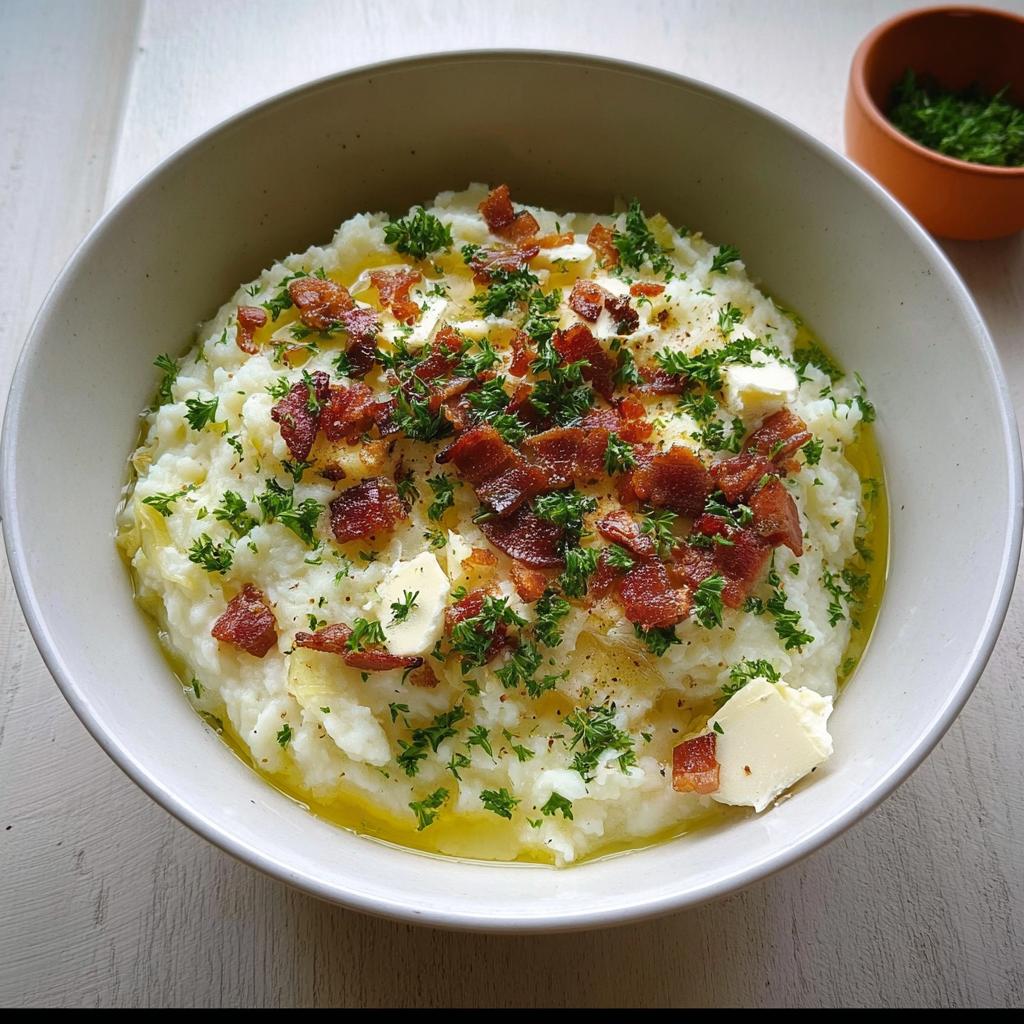 A bowl of creamy mashed potatoes topped with crispy bacon, fresh parsley, and melting butter.