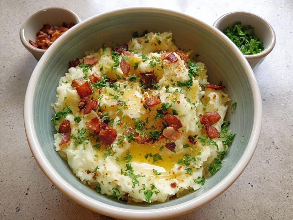 A bowl of fluffy mashed potatoes topped with crispy bacon bits, fresh parsley, and melted butter. Part of 10 Genius Mashed Potatoes Recipes.