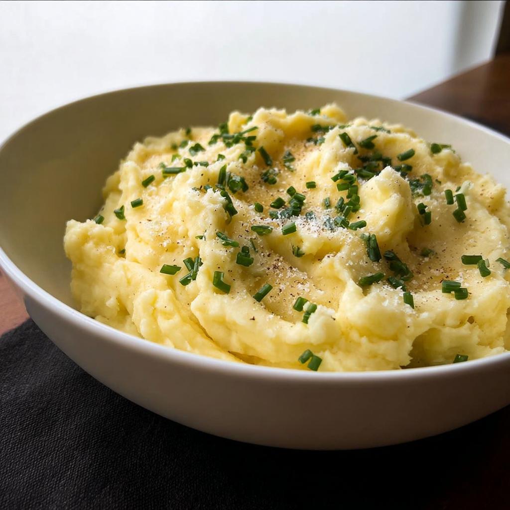 A close-up of a bowl of fluffy mashed potatoes topped with fresh chives and a sprinkle of cheese.