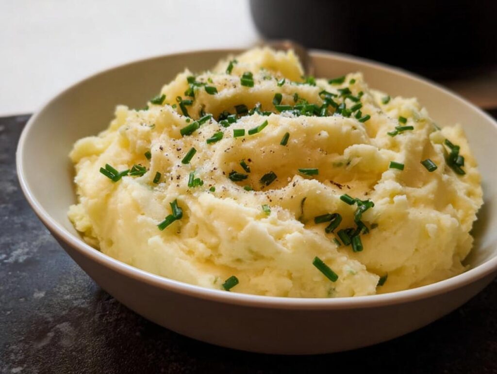 A bowl of fluffy mashed potatoes topped with fresh chives and black pepper, a perfect side dish.
