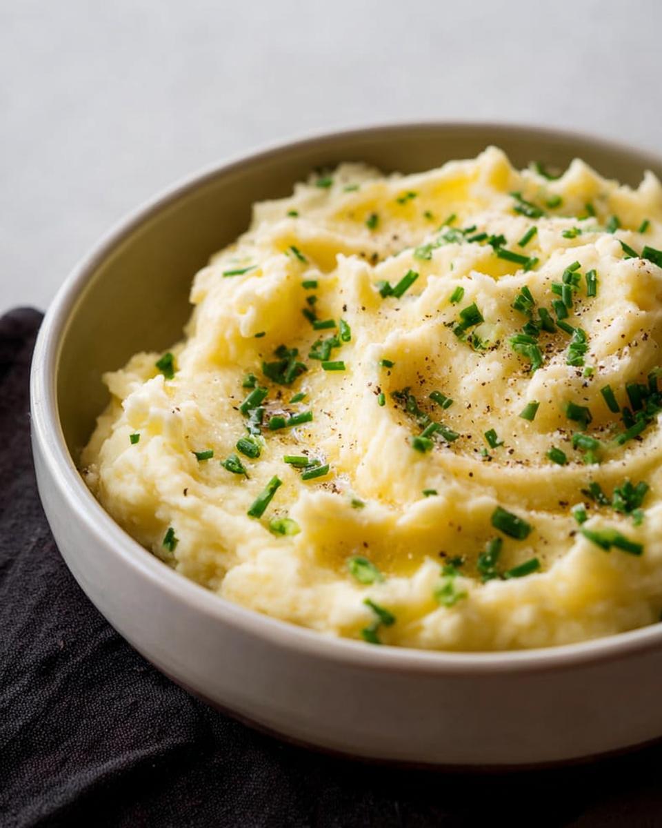 A close-up of fluffy mashed potatoes topped with fresh chives and black pepper in a bowl.