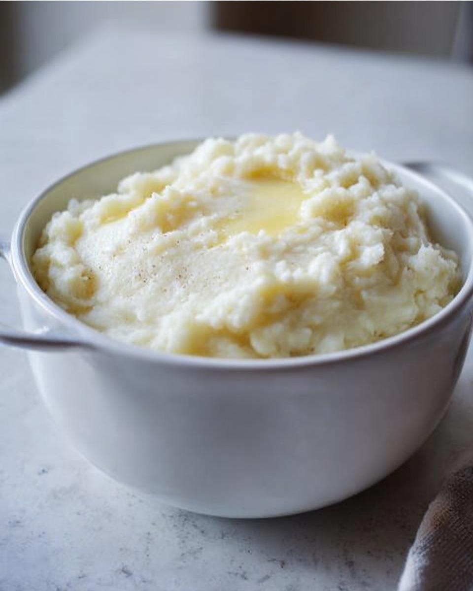 A white bowl filled with creamy mashed potatoes, topped with a melting pat of butter. Perfect for mashed potatoes recipes meal prep.