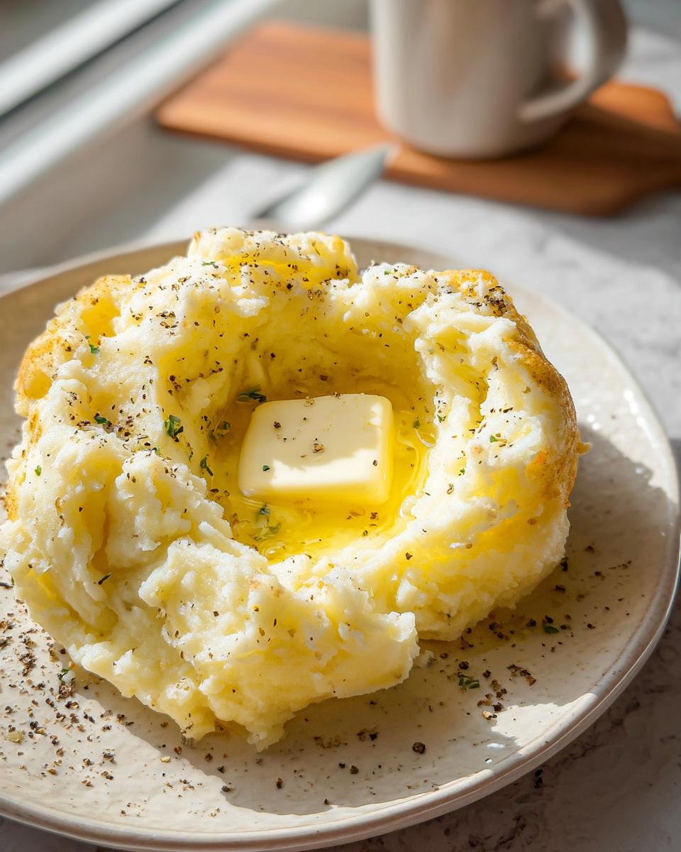 A serving of creamy mashed potatoes with a pat of melting butter in the center, seasoned with herbs and pepper.