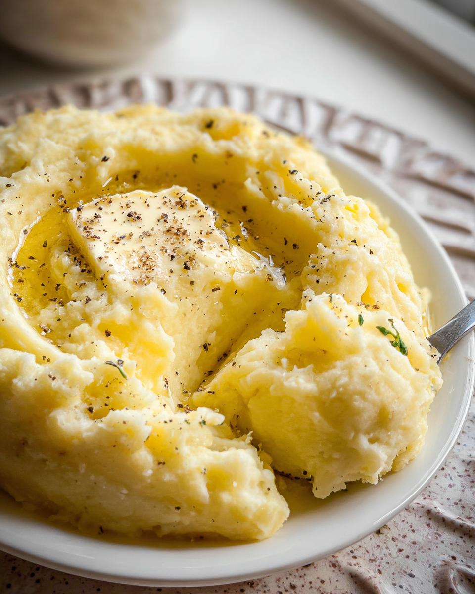 Close-up of creamy mashed potatoes recipe topped with a pat of melting butter and black pepper.