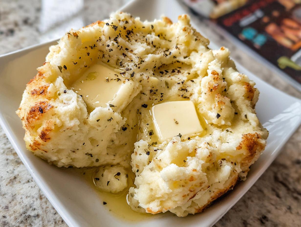 Close-up of a serving of creamy mashed potatoes recipe, topped with melting butter and herbs.
