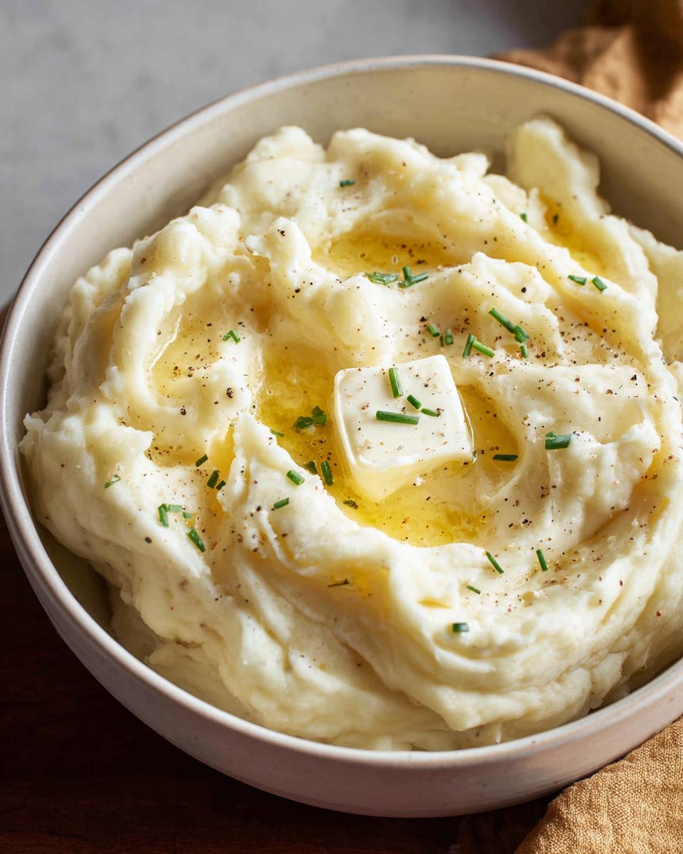 Close-up of fluffy mashed potatoes recipe topped with melted butter, chives, and black pepper in a bowl.