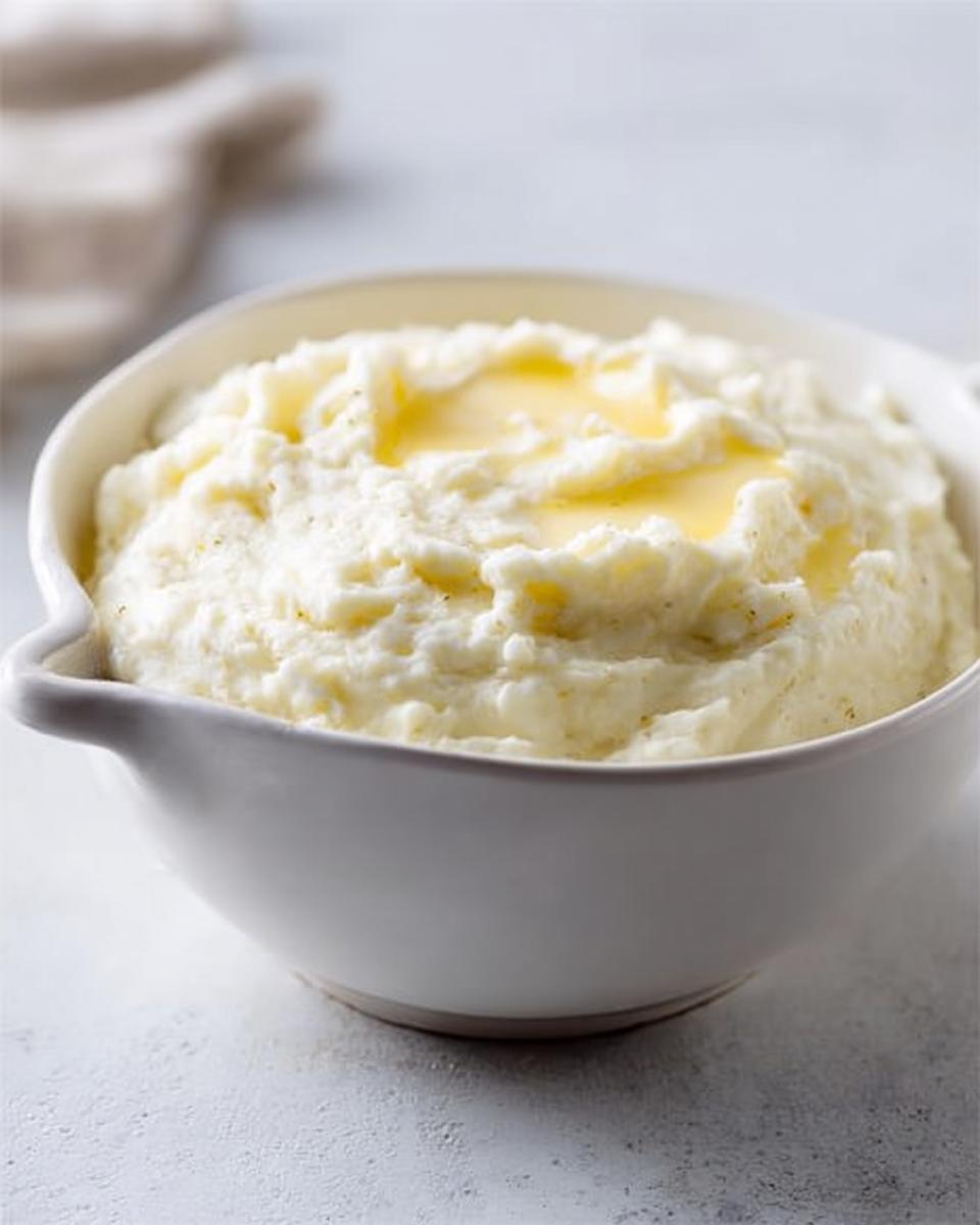 A white bowl filled with creamy mashed potatoes topped with melted butter, perfect for meal prep.