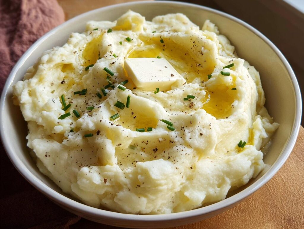 A bowl of creamy mashed potatoes topped with butter, chives, and black pepper, featuring The Only Mashed Potatoes Recipes Recipe You’ll Need.